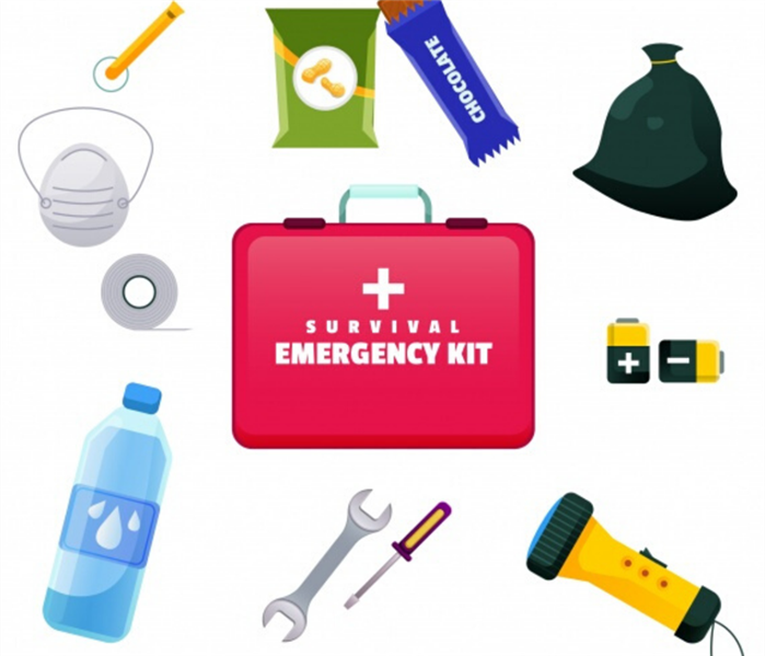 Cartoon picture of an emergency kit that is red with a blue water bottle, yellow flashlight, white facemask